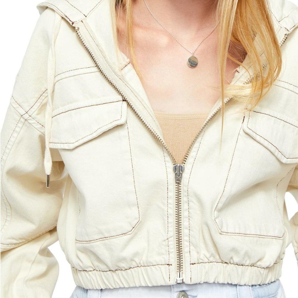 BDG Ivory Denim Cropped Hoodie Jacket Size L